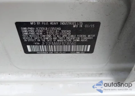 2015 Subaru Impreza 2.0I z USA, uszkodzony, nr VIN JF1GPAA66F8236560